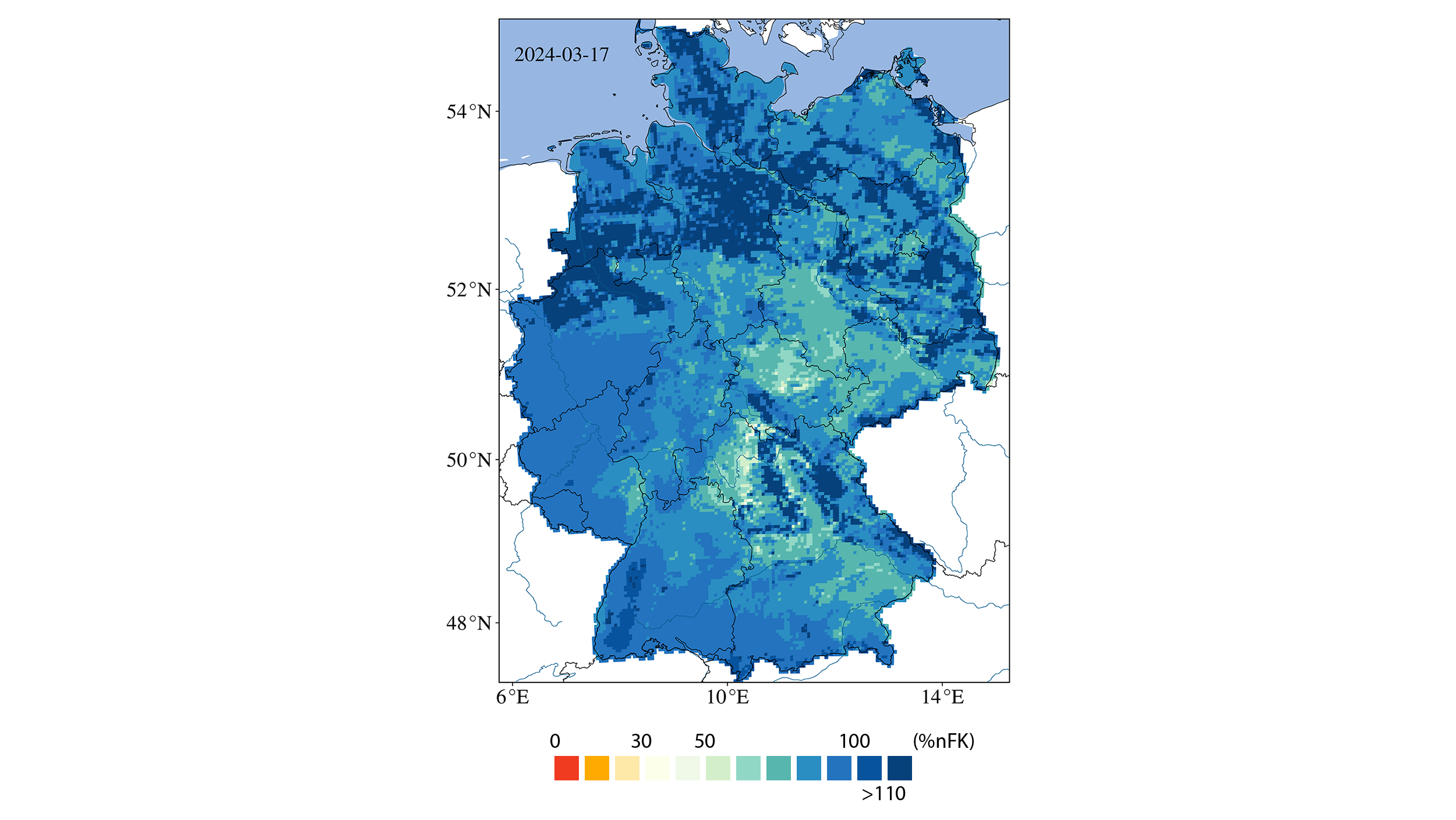 <center>Pflanzenverfügbares Wasser bis 25 cm über gesamt Deutschland (Quelle: Hemlholtz Zentrum, 03.2024)</center>