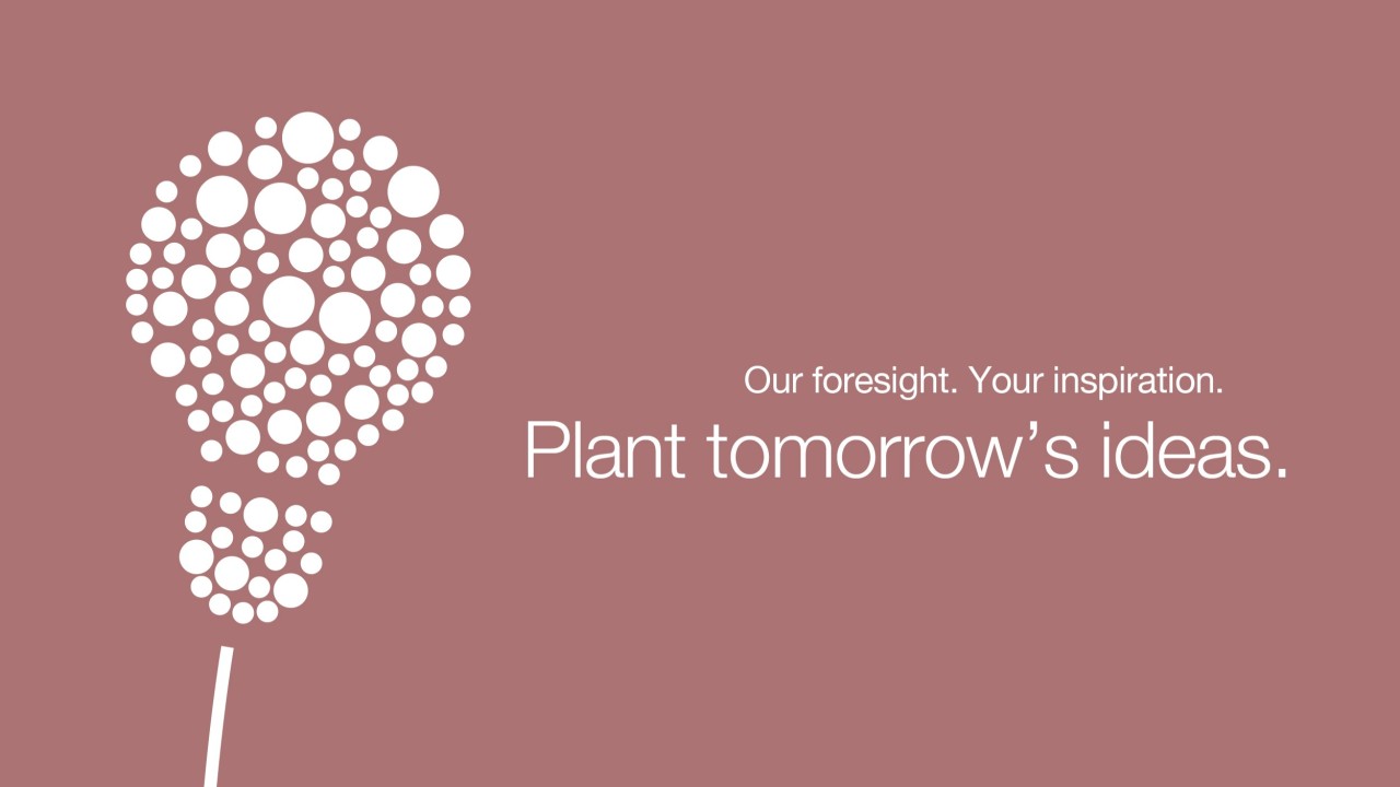 Pusteblume in Glühbirnenform aus Icons, daneben der Slogan: Our foresight Your inspiration
