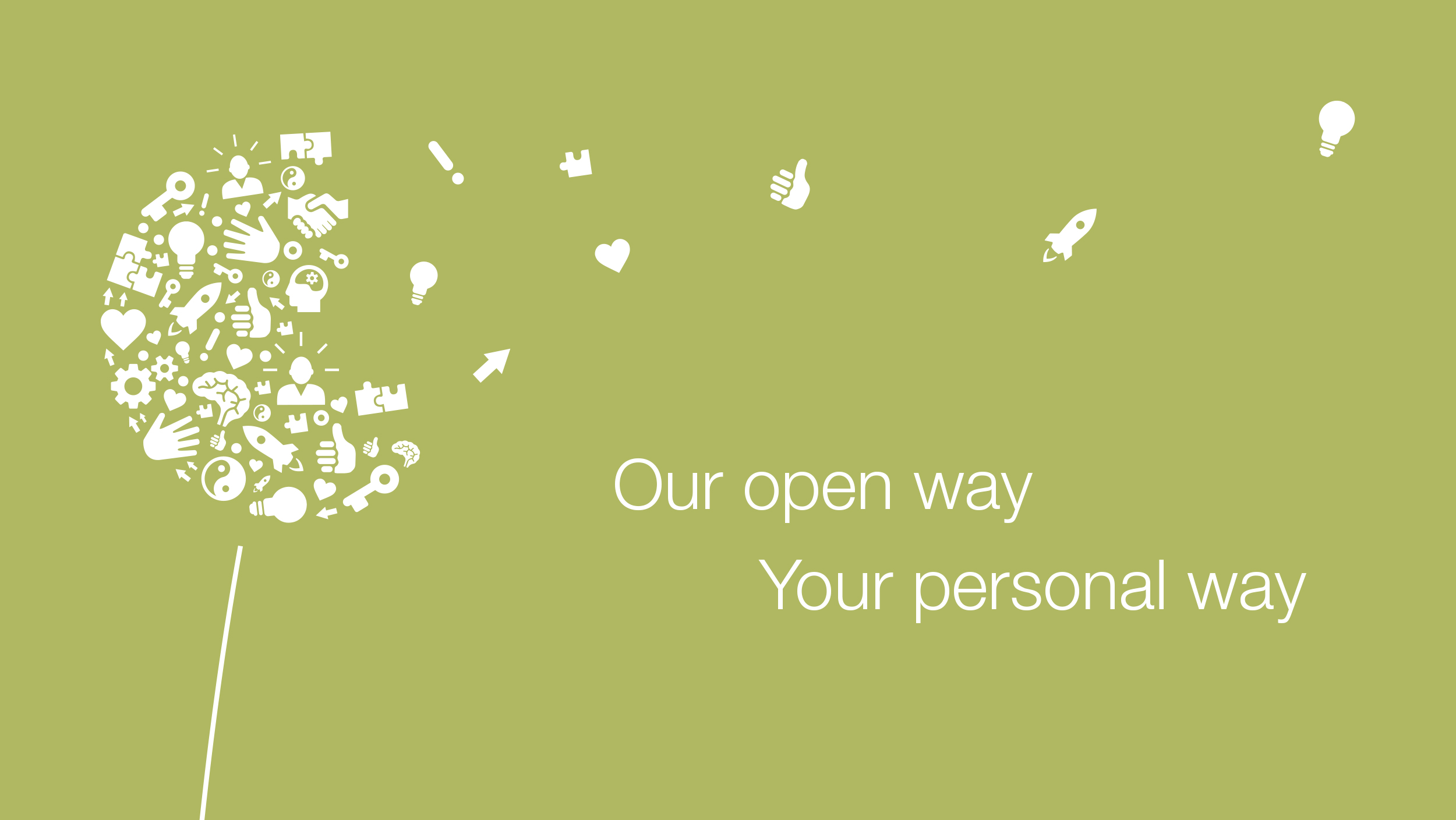 Pusteblume auf Icons, daneben der Slogan: Our open way Your personal way
