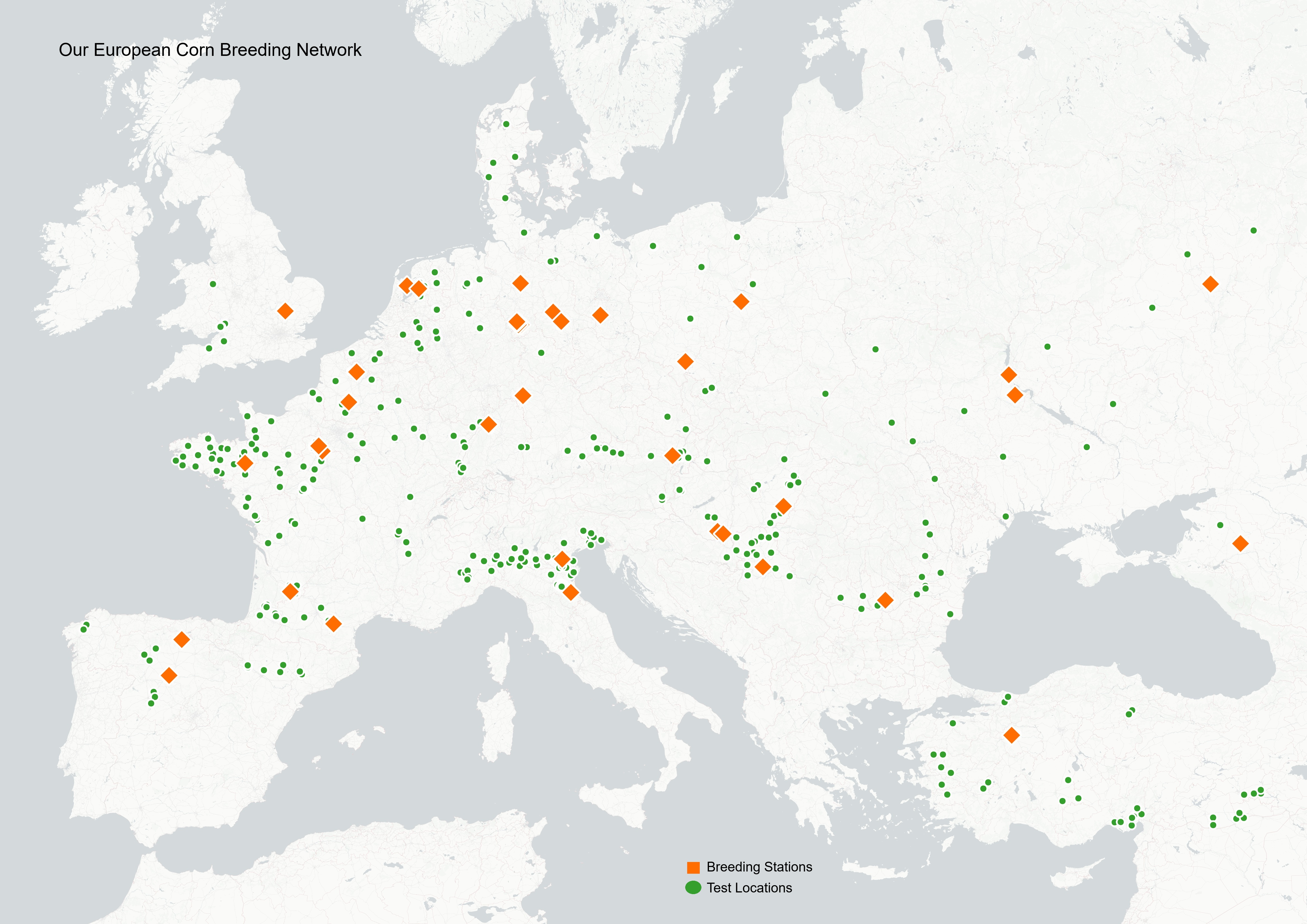 Europe Map KWS Corn  Breeding Stations Trial Network