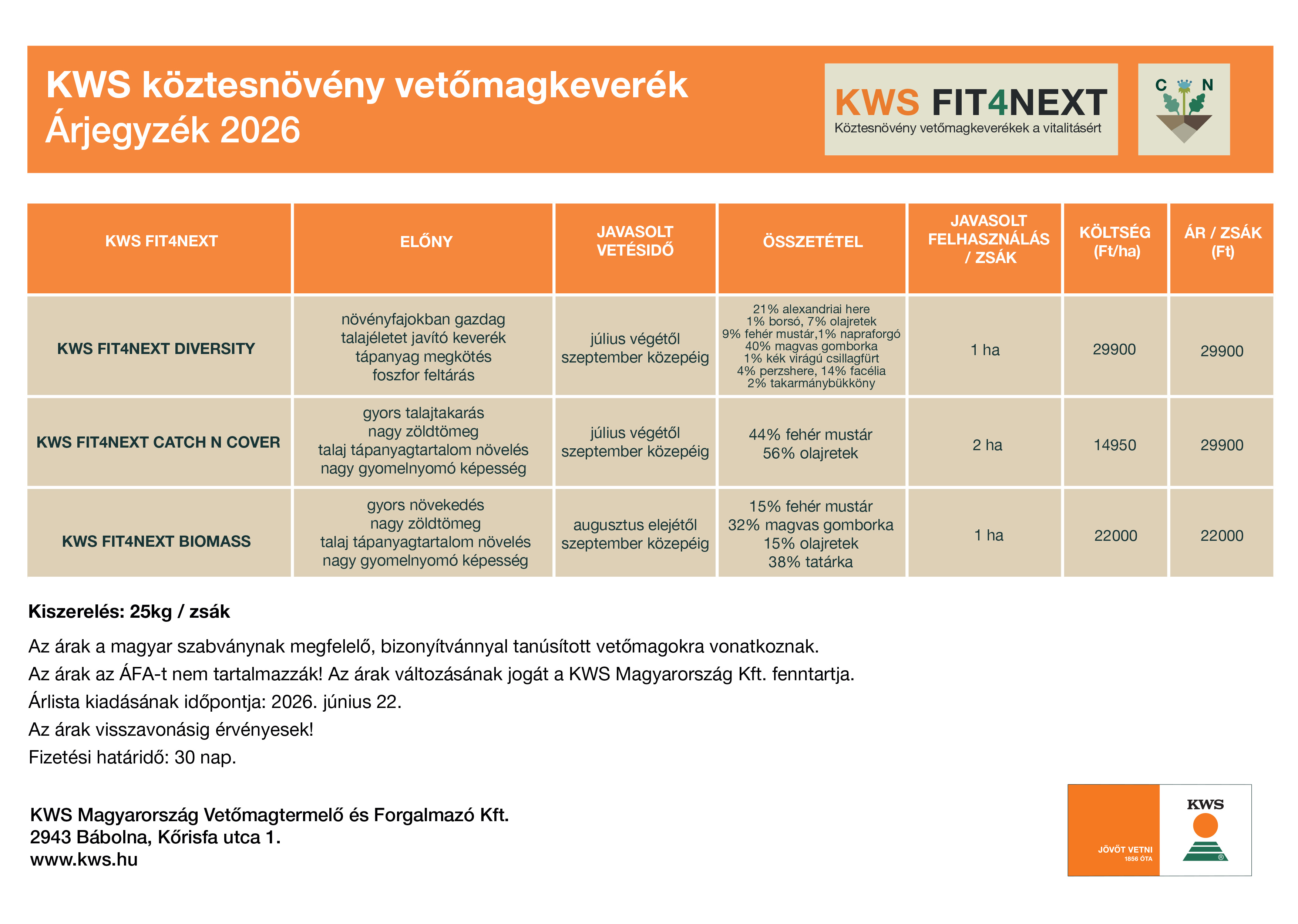 Köztesnövények árlista 2026