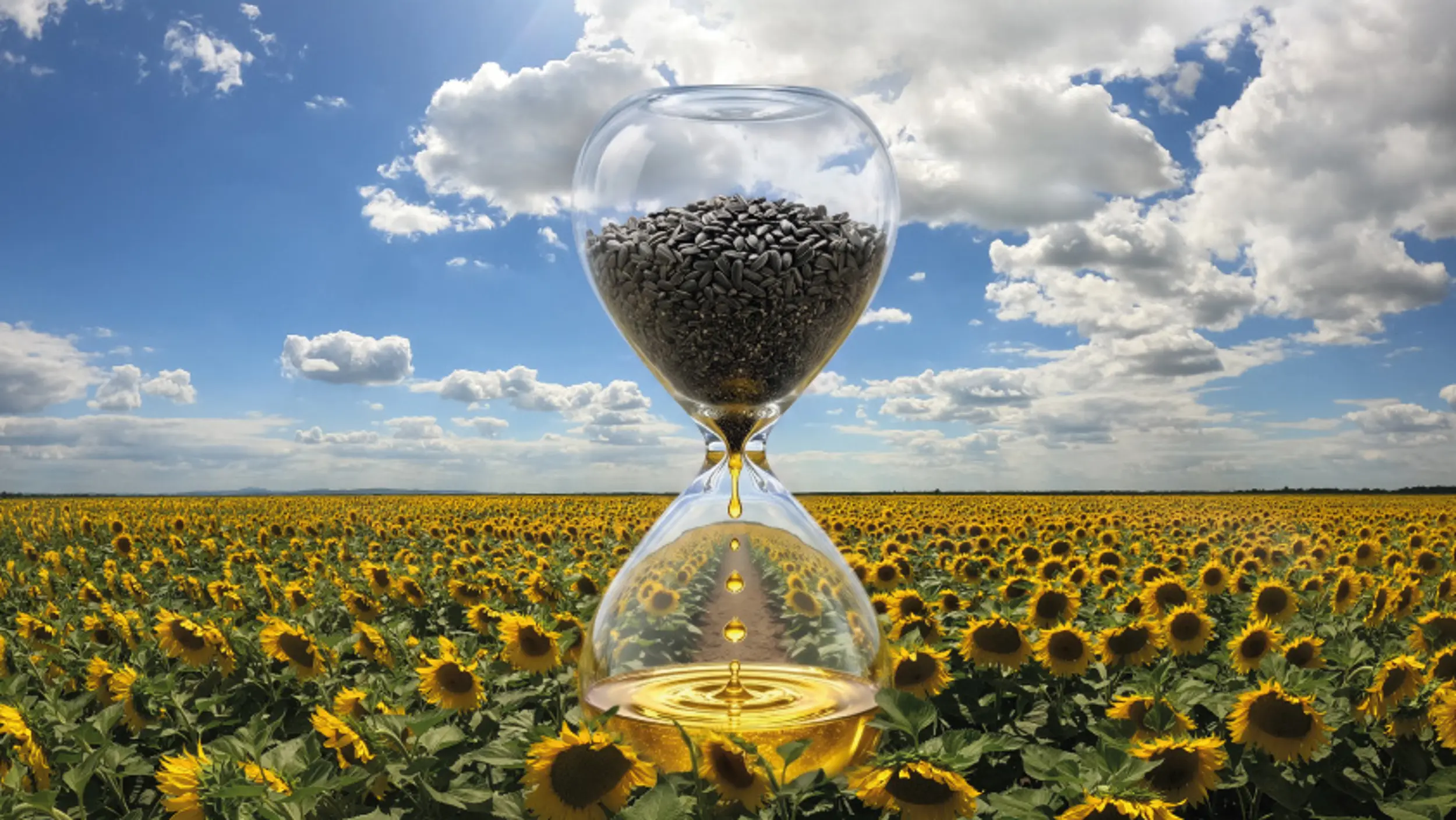 Hourglass filled with sunflower seeds standing in a sunflower field under a bright sky.