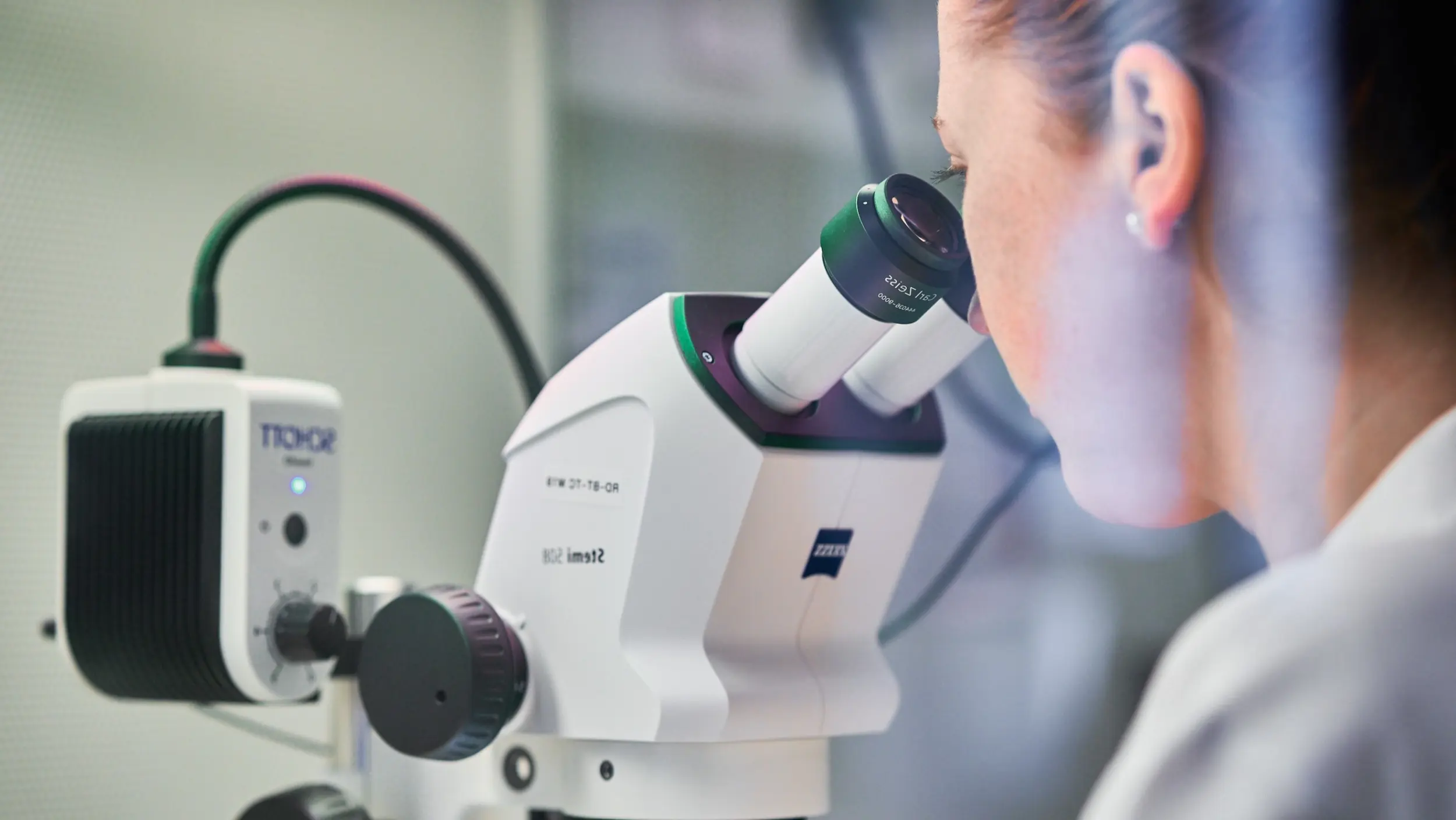 Forscherin analysiert mit dem Mikroskop
