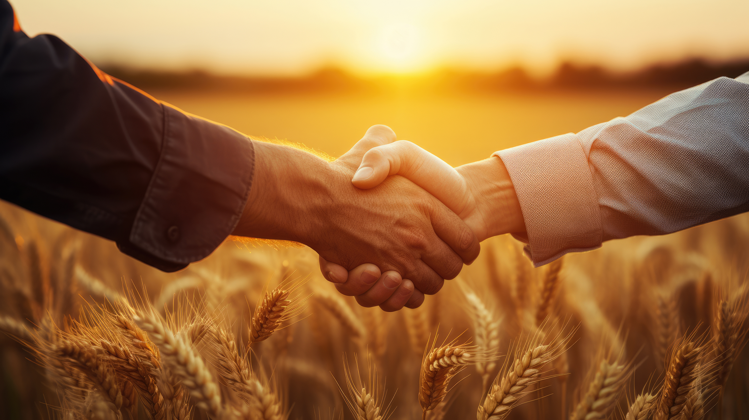 Handshake in a cereal field during sunset