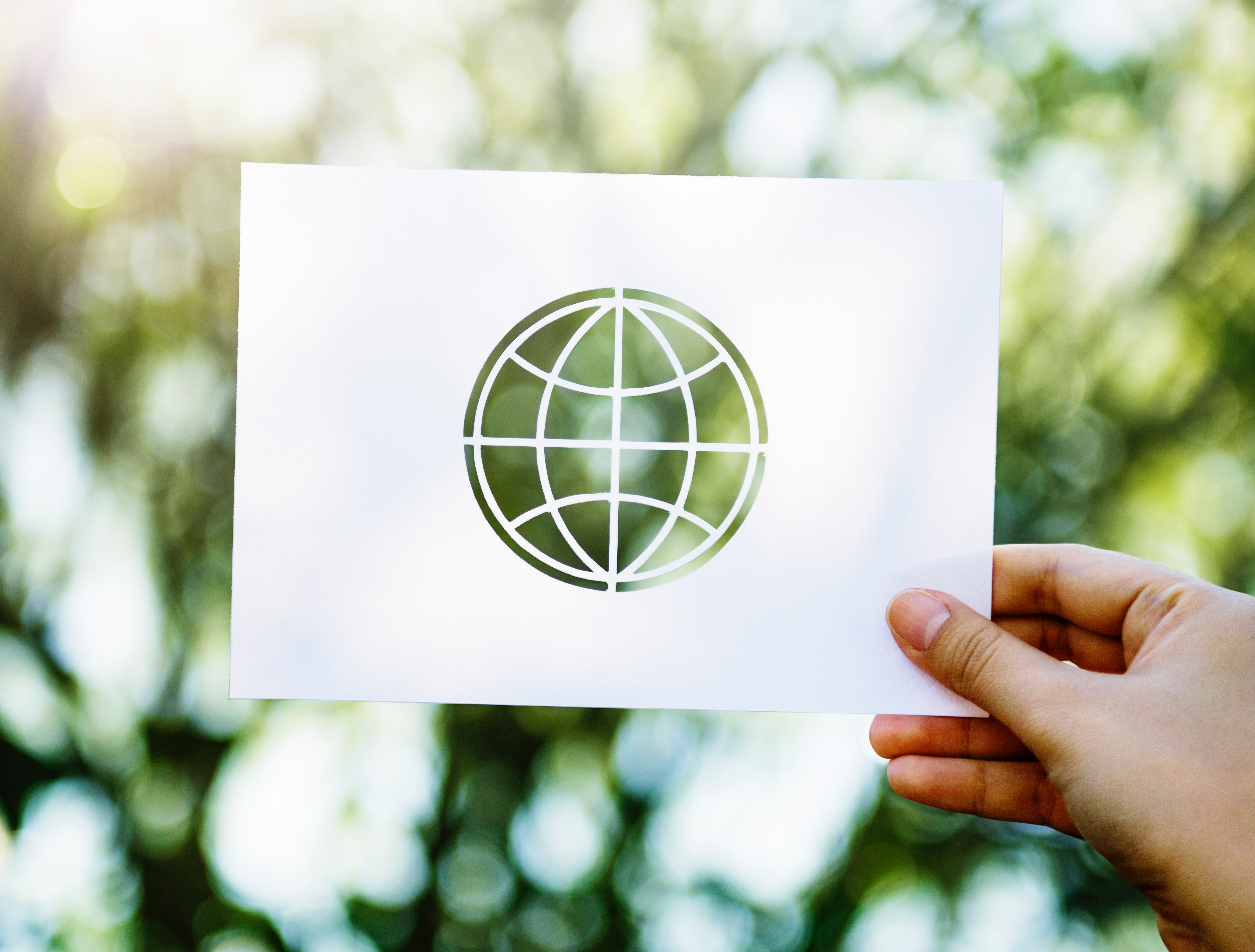 Paper cut of a globe in front of blurry green leaves in the background