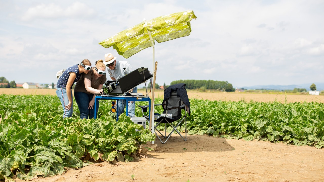 Three researchers and breeders stand on a sugar beet experimental field in Plattling (Bavaria) in front of a measuring system of the TU Clausthal, consisting of laser and thermal imaging camera.