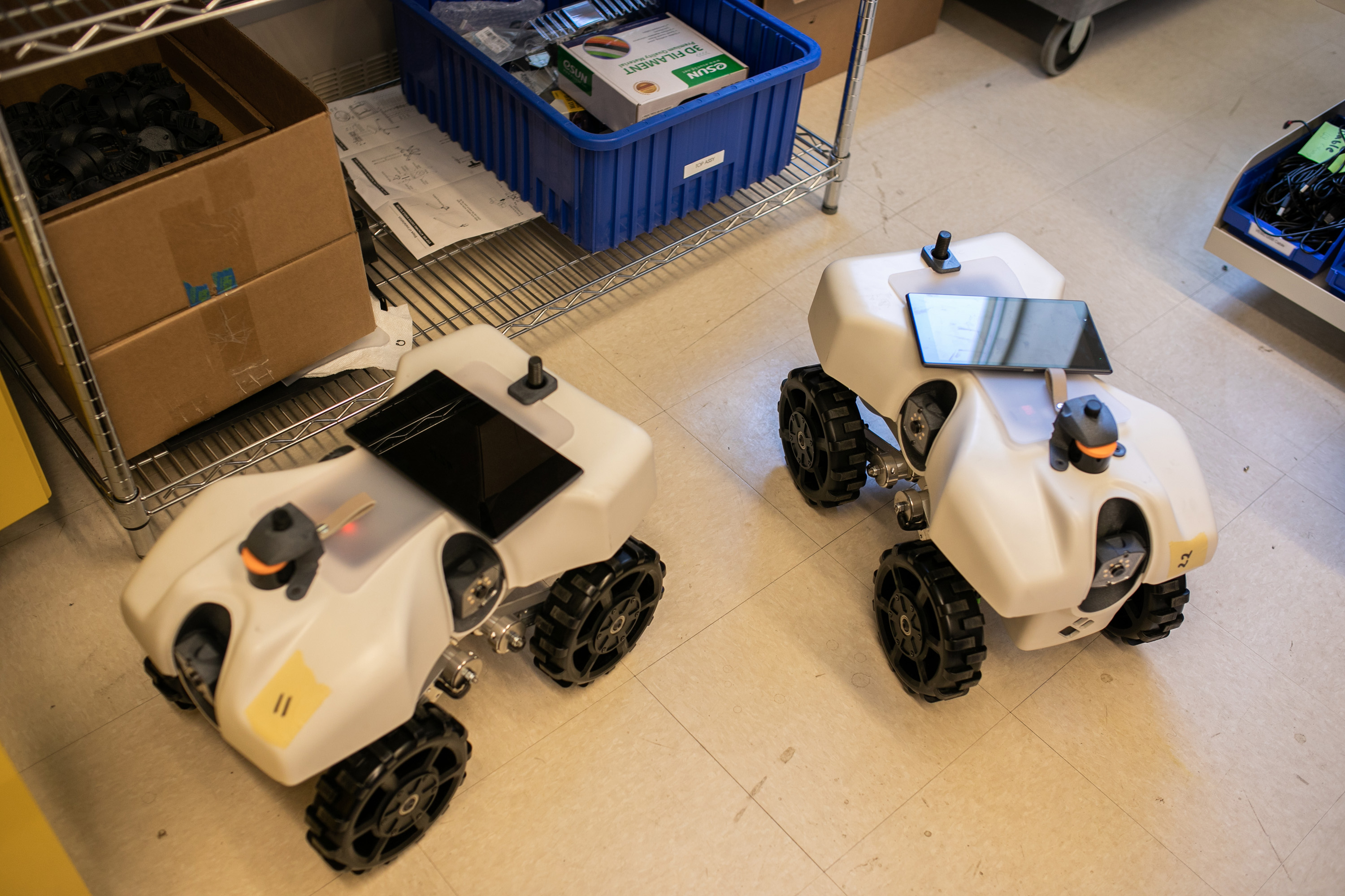 Two models of the TerraSentia robot are located in the laboratory of the agricultural start-up EarthSense at the University of Illinois in Urbana-Champaign.