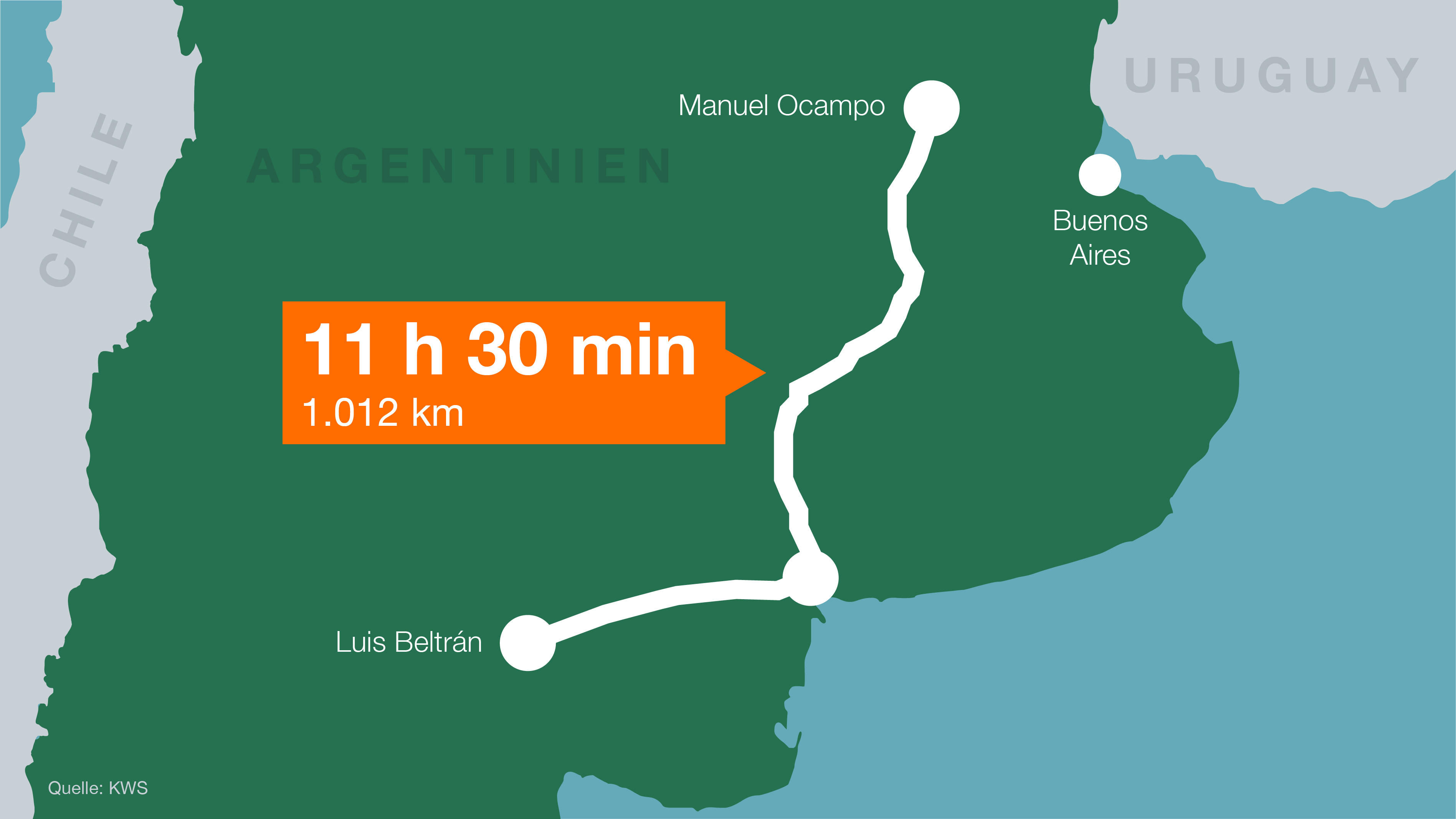 Eine Karte, die den Weg durch Argentinien zeigt.
