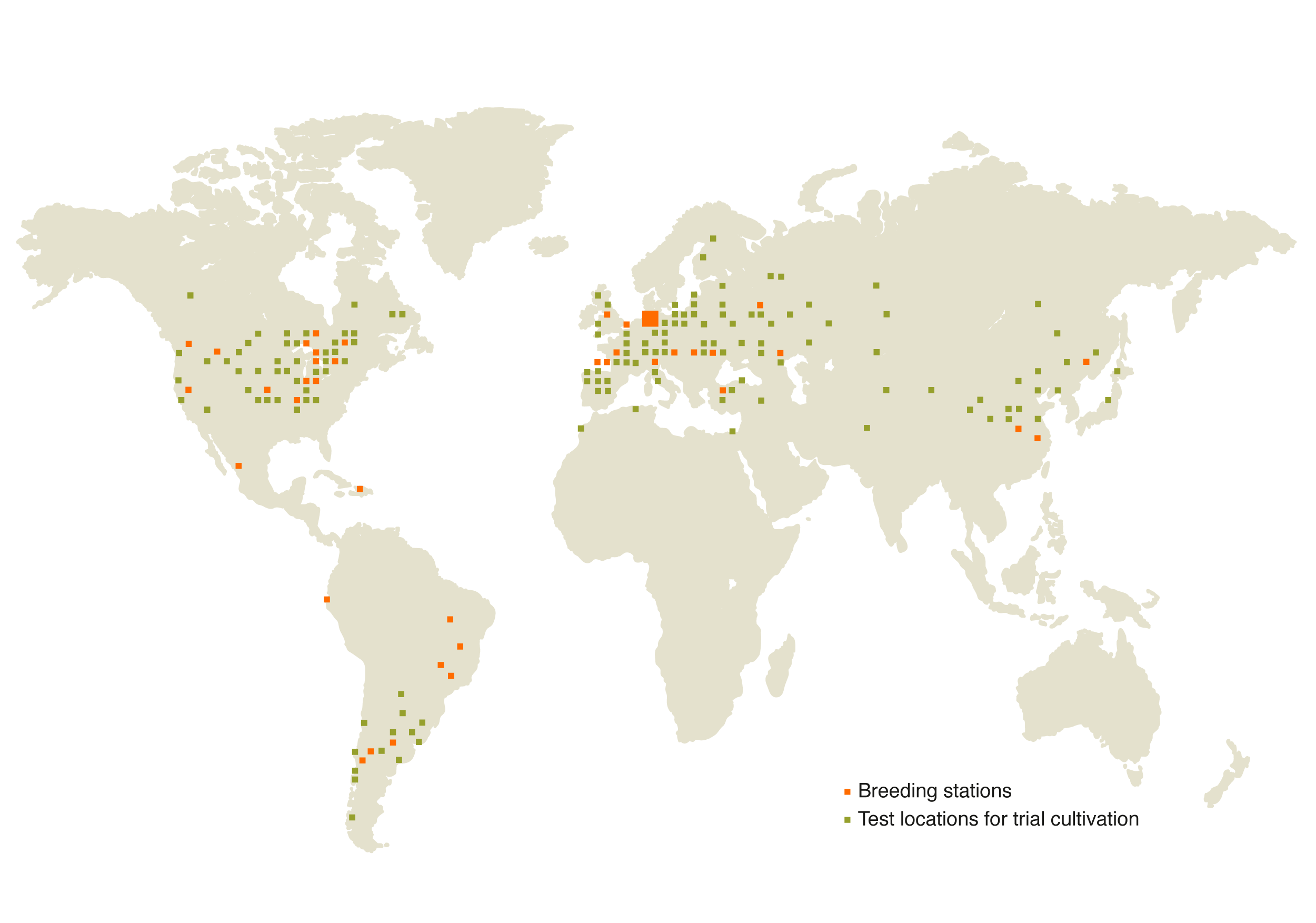 Mapa mundial con las estaciones de mejoramiento y las zonas de ensayo de KWS marcadas
