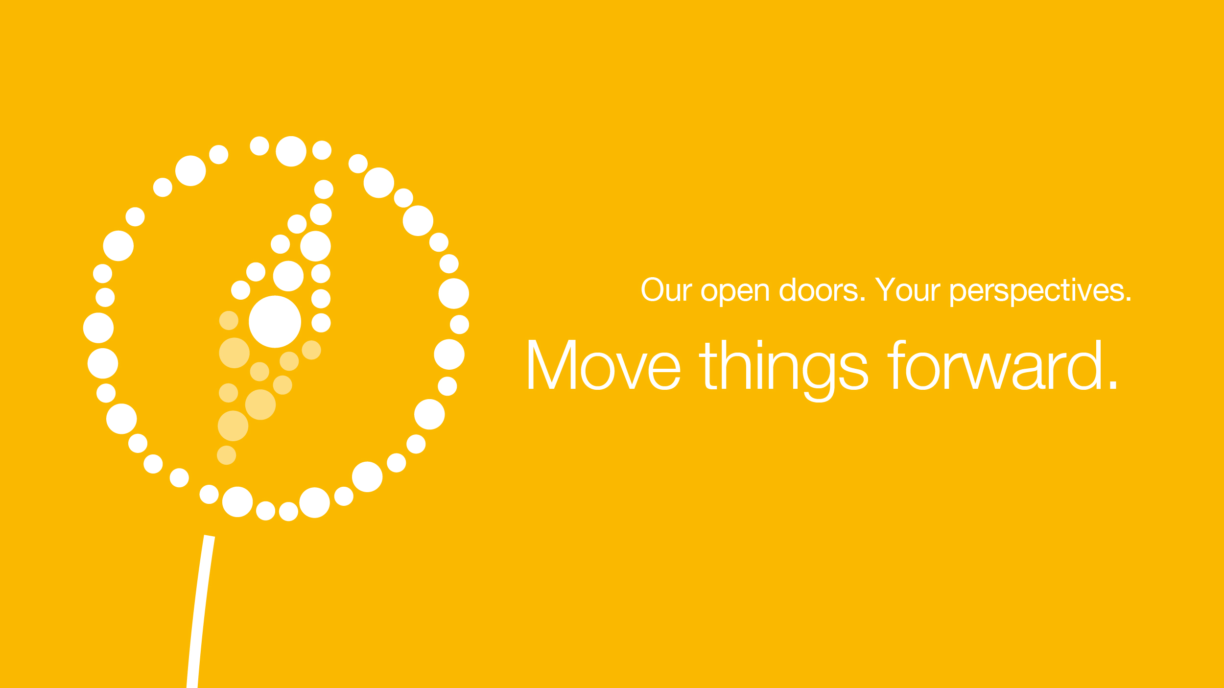 Dandelion made of icons as a globe, with adjacent slogan: Our open doors Your perspectives