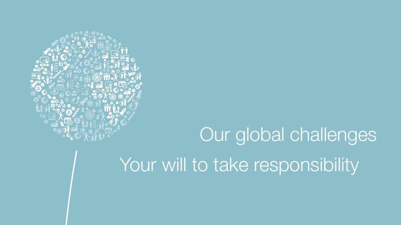 Mniszek lekarski złożony z ikon jako globus, obok slogan: Nasze globalne wyzwania, Twoja gotowość do podjęcia odpowiedzialności
