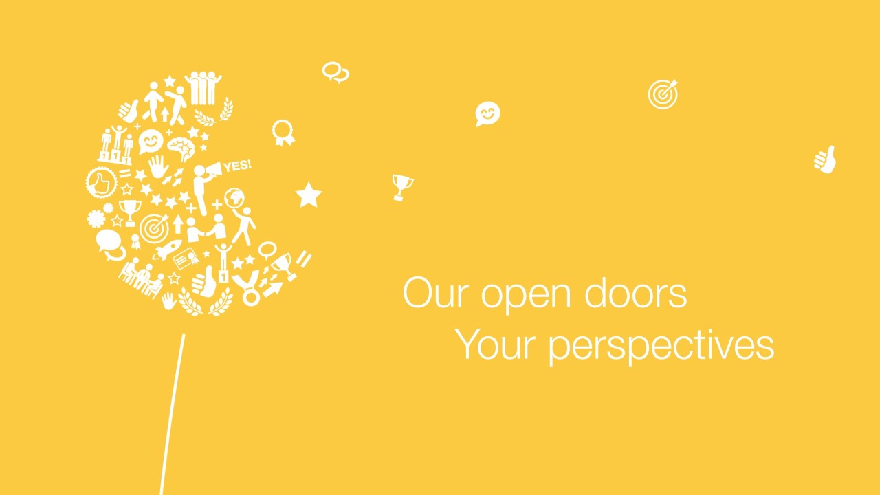 Diente de león hecho de iconos, al lado del eslogan: Nuestras puertas abiertas Tus perspectivas