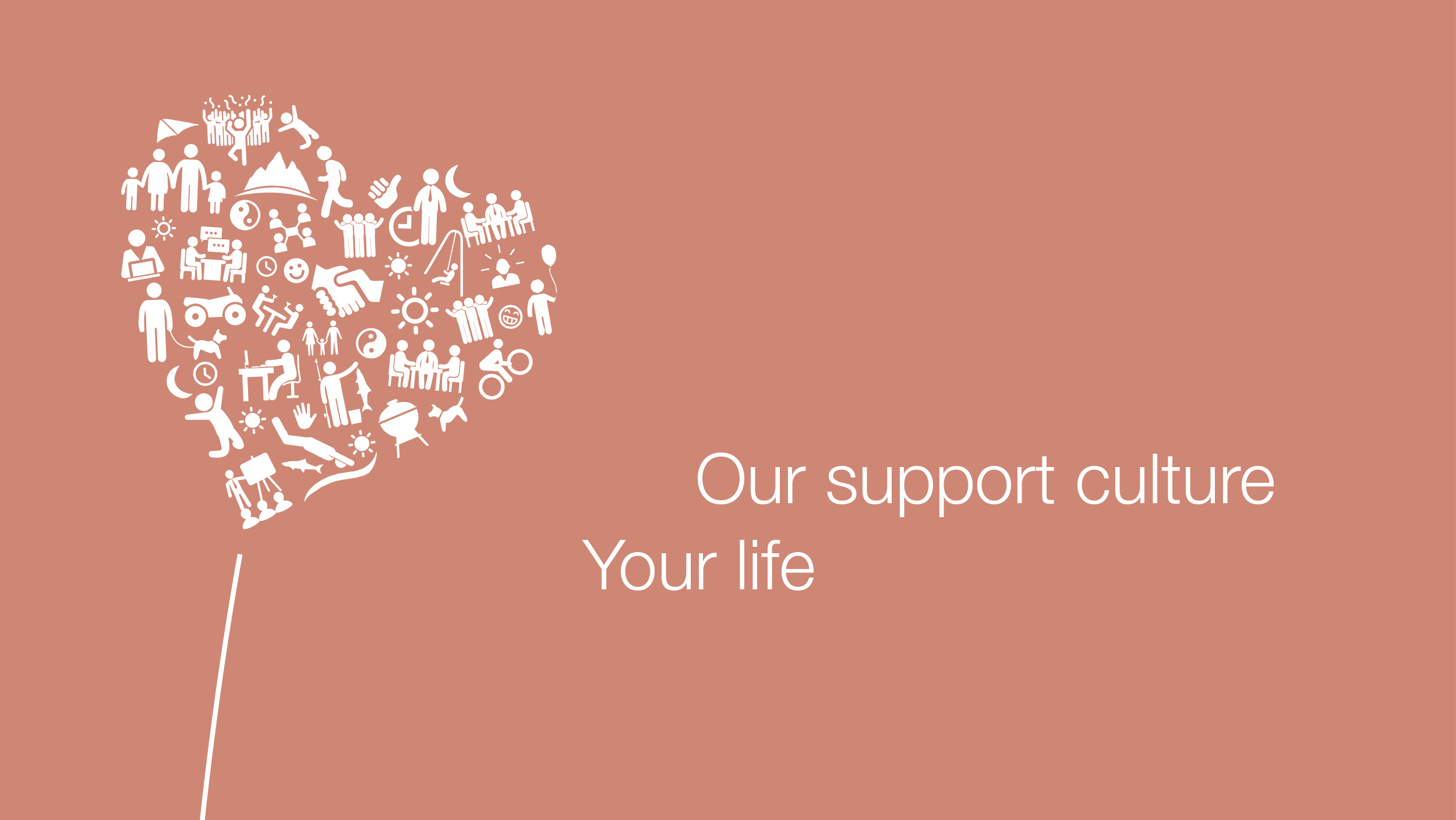 Paardenbloem hartvormige icoontjes, naast de slogan: Onze ondersteunende cultuur Jouw leven