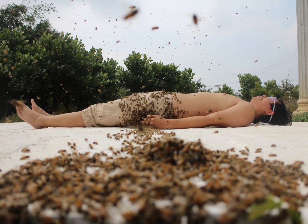 Mit einer stoischen Gelassenheit lässt Ren Ri die Bienen über seinen Körper krabbeln