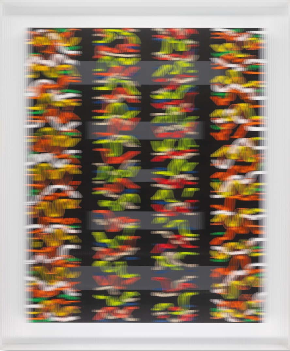 Ein Werk von Michael Burges mit verzerrenden Effekt mit den Hauptfarben Rot, Gelb, weiß und Schwarz