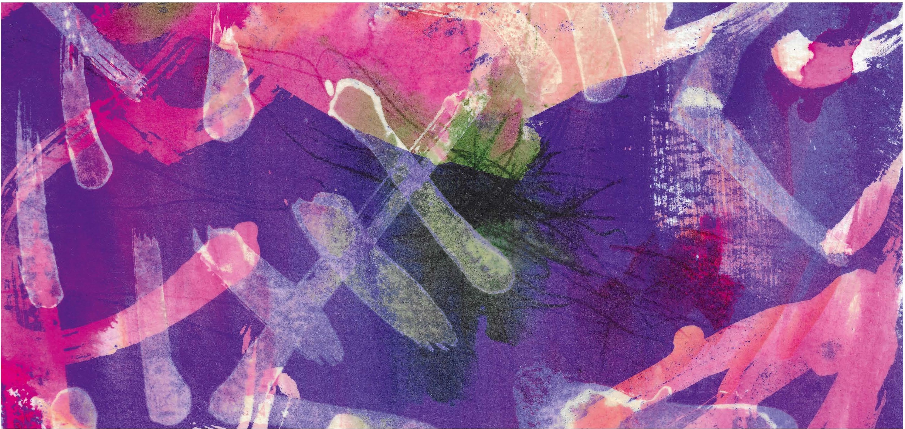 Abstract painting in purple and pink with green and beige accents