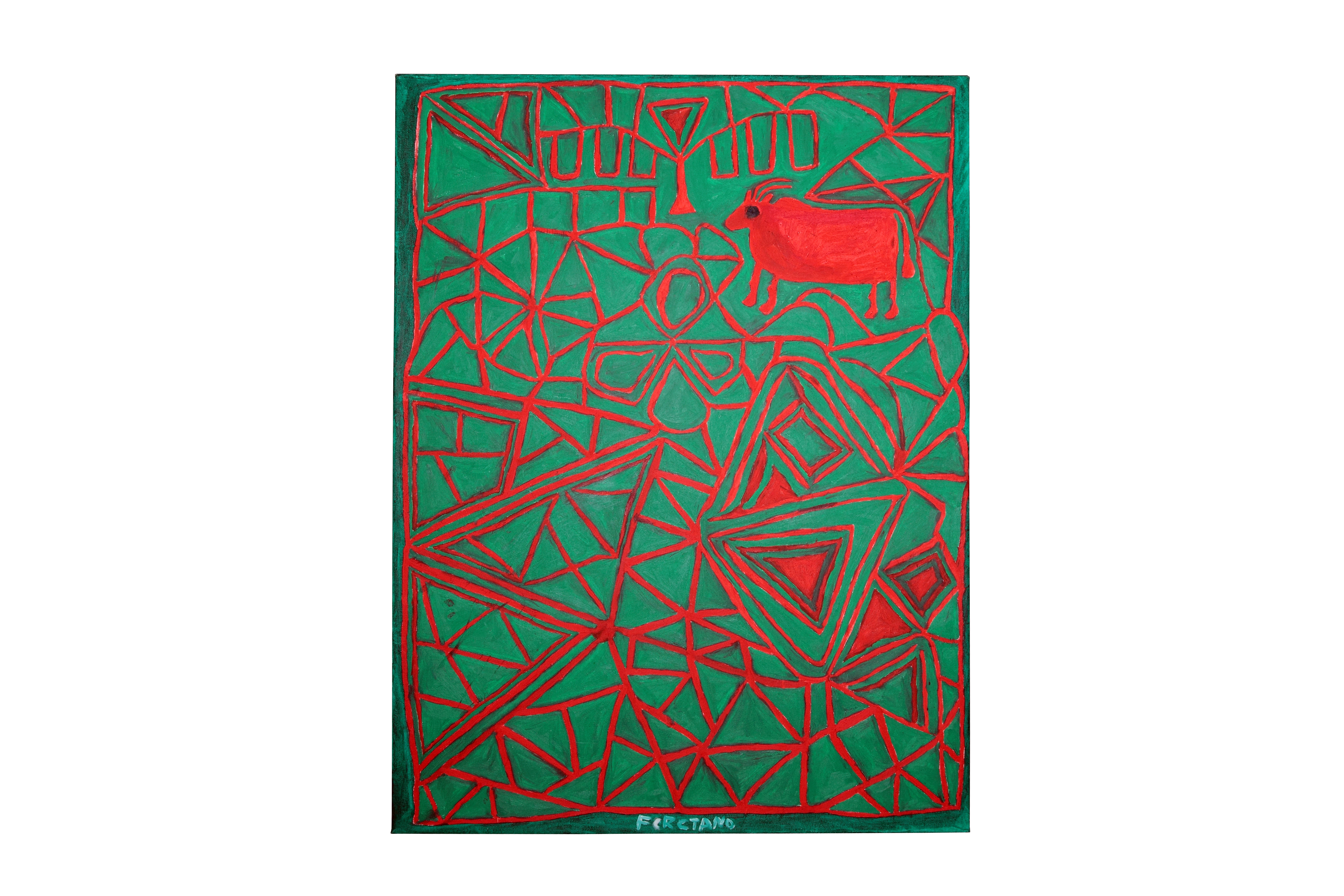 Ferciano - ein Gemälde mit roten Linienformen und einer Ziege auf grünem Grund