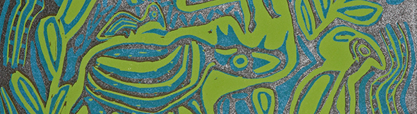 Fließende, organische formen in verschiedenen Grüntönen bilden Abbildungen von Figuren auf Grau melierten Untergrund